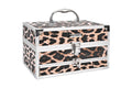 Silver makeup set with eye shadow, blush, lip gloss, lip pencil, and brush in a compact case