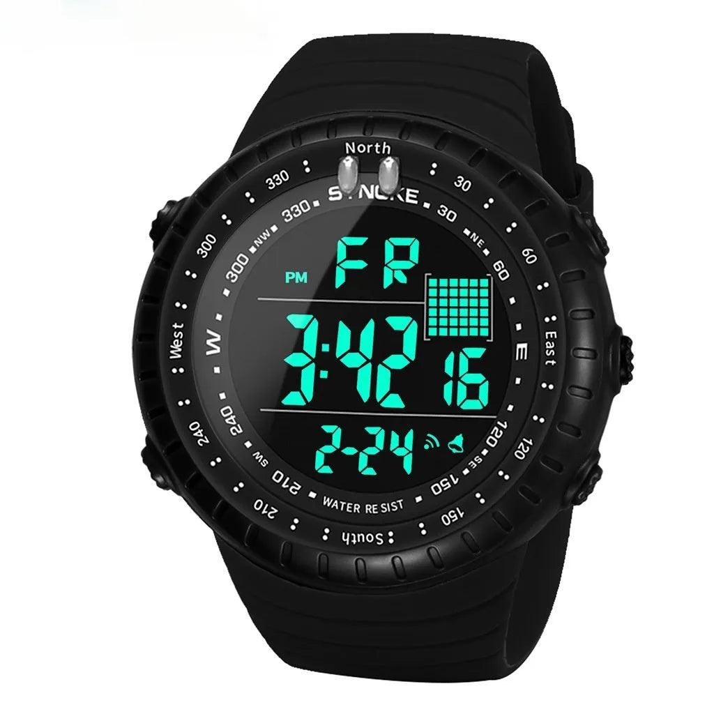 Black men's outdoor electronic waterproof watch with large dial on a PU strap