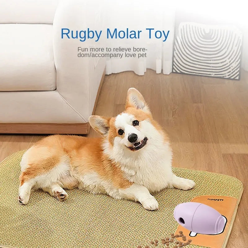 Silicone rugby-shaped dog tug toy in blue colour for interactive play and chewing