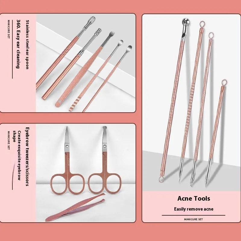 30-piece stainless steel nail beauty tool set showing various manicure and pedicure tools