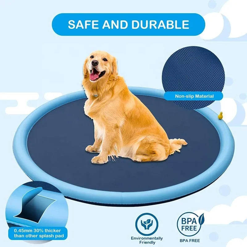 Bright blue inflatable dog splash pad with textured base, shown in a garden setting.