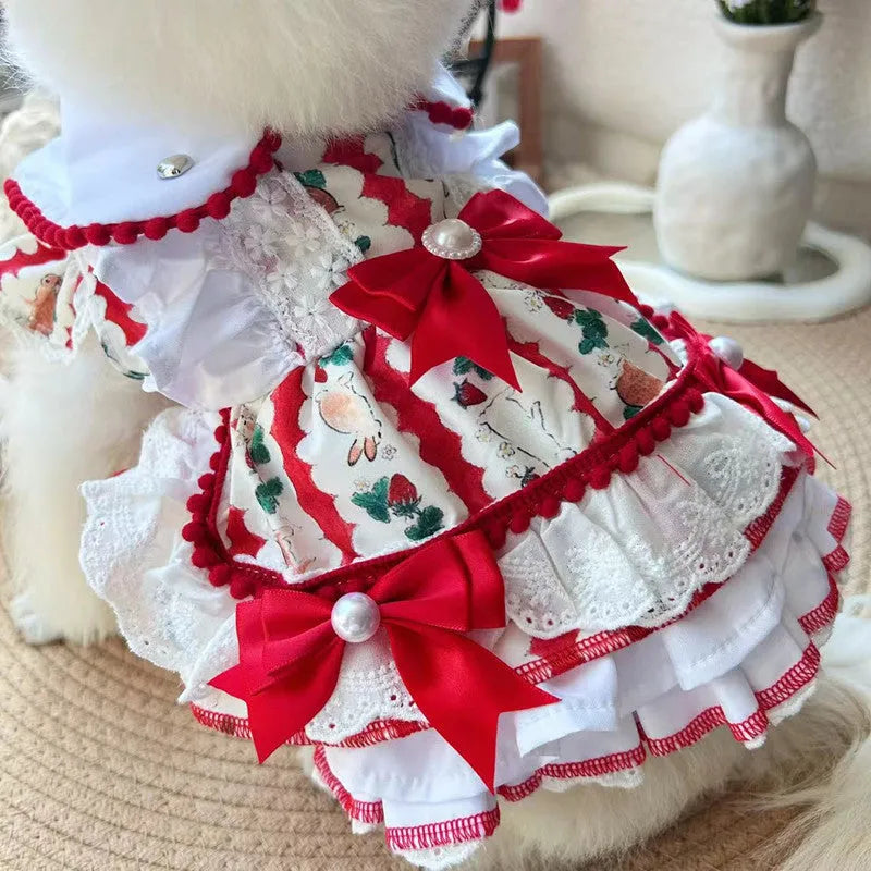 Princess style rabbit skirt dog clothing in polyester fabric showing size options from XS to XL