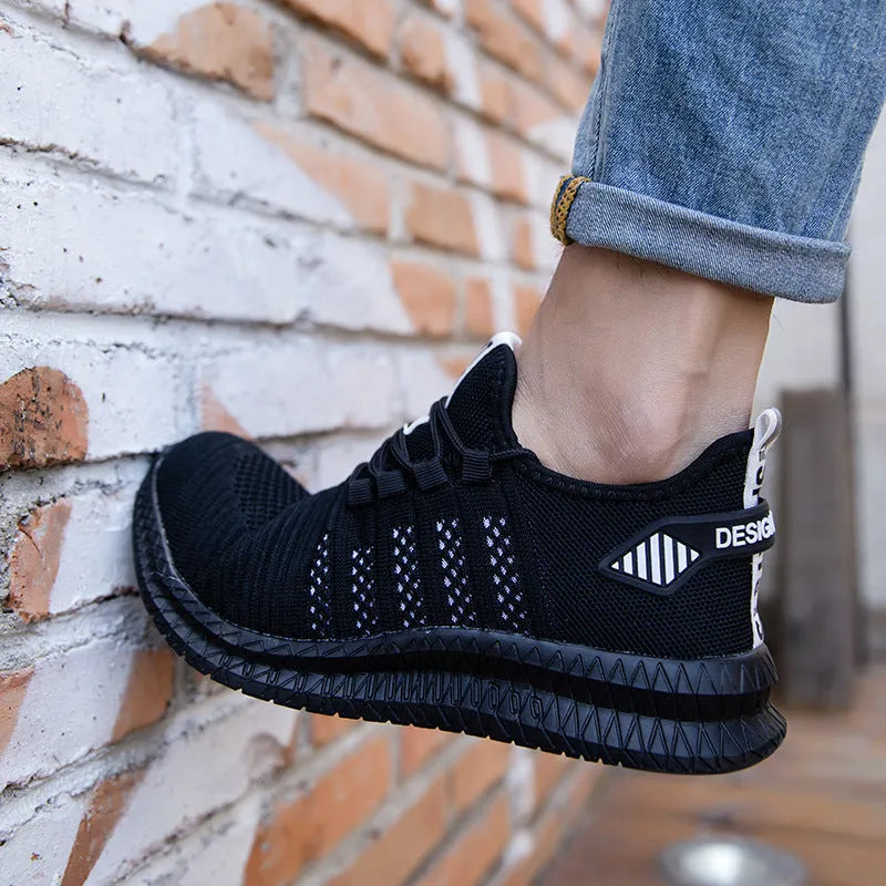 Men's steel toe work safety shoes breathable fly woven mesh low top black orange
