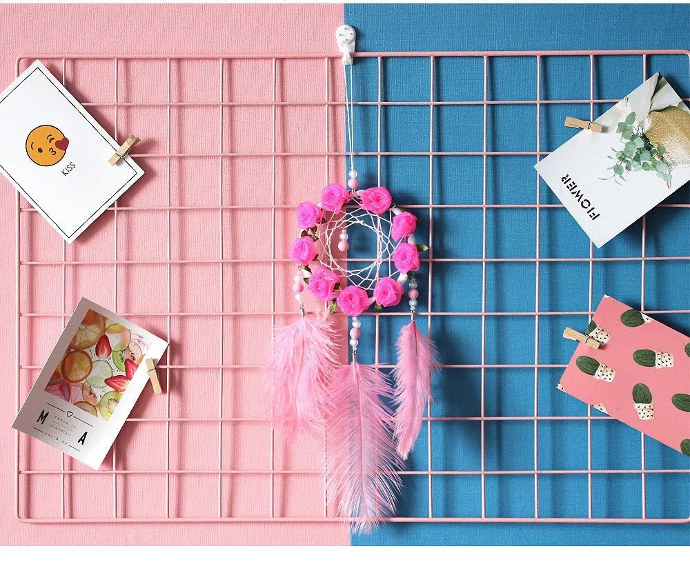 Pink dreamcatcher wind chime wall ornament with ostrich feathers, 10cm diameter