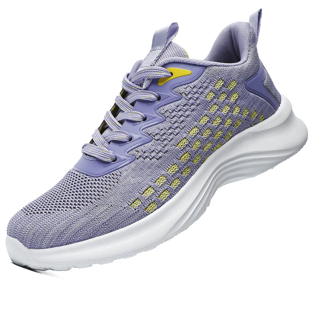 Women's lavender purple Flyknit running shoes with mesh lining and striped pattern.