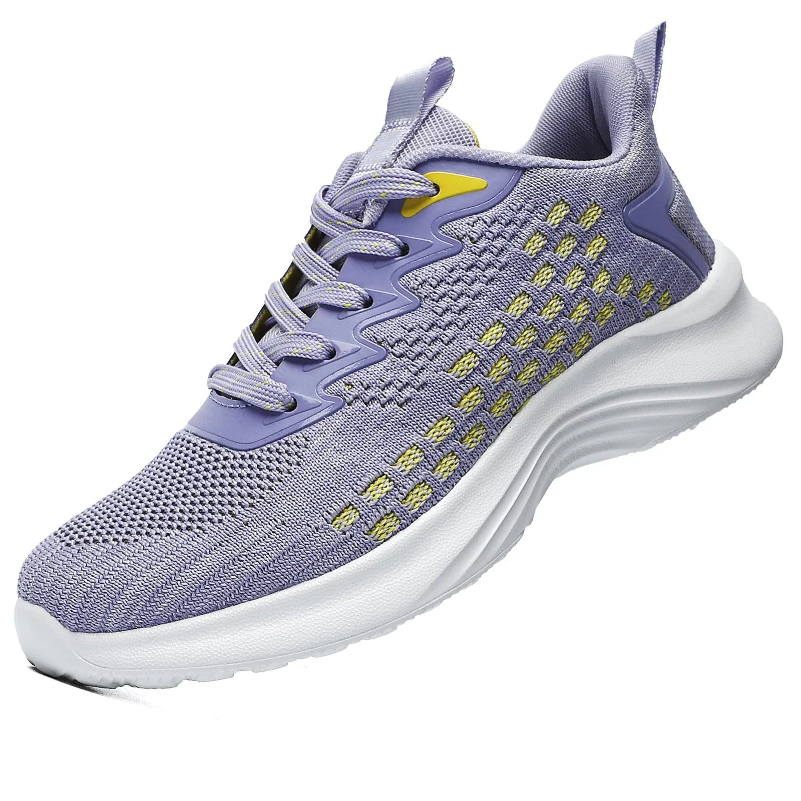 Women's lavender purple Flyknit running shoes with mesh lining and striped pattern.