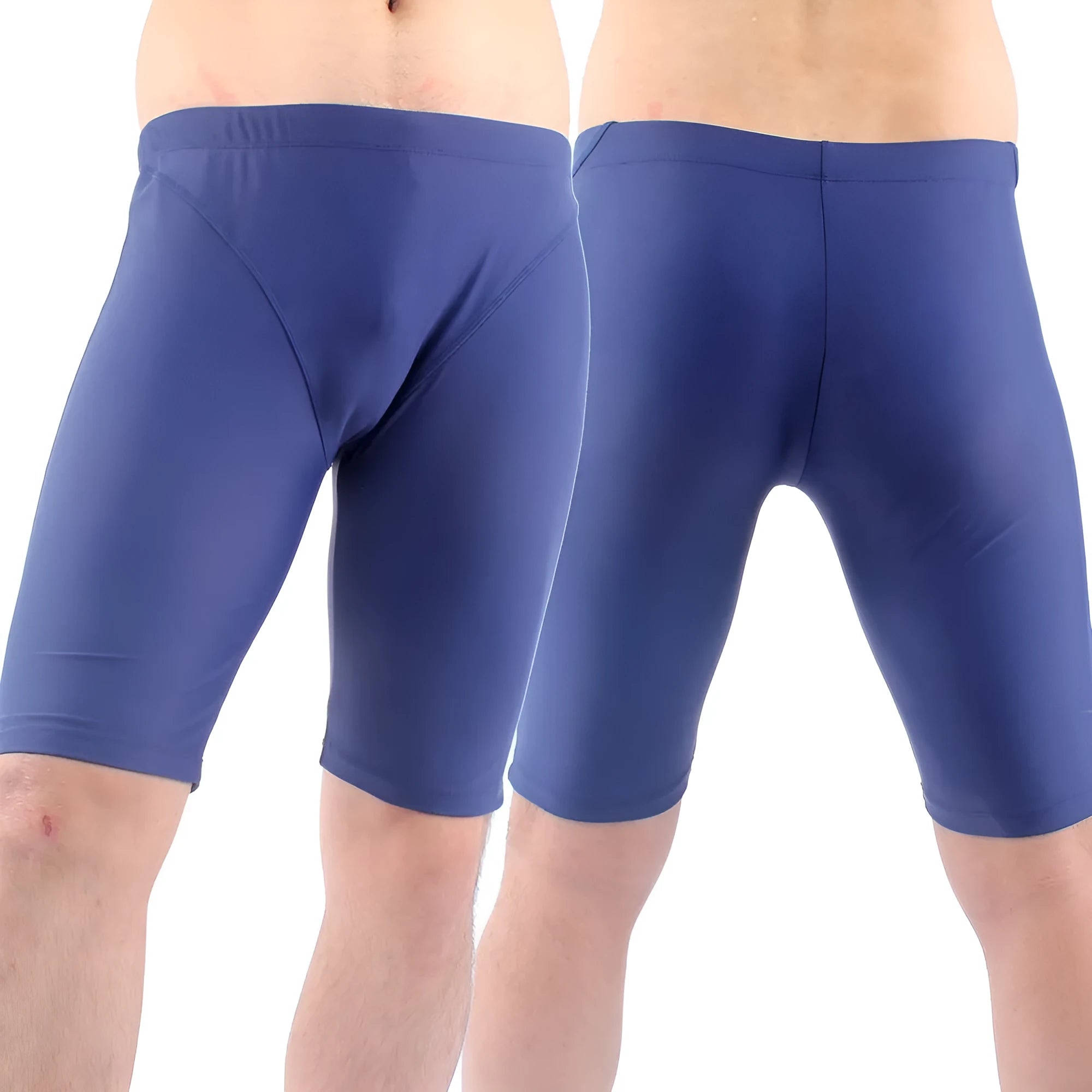 Green and navy blue men's loose-fit swimming trunks with a five-point design and polyester lining.