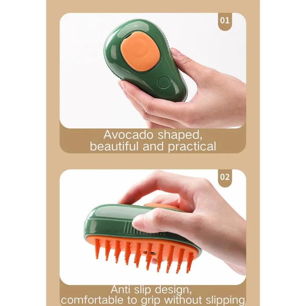 Green and white 3 in 1 cat steam brush with silicone bristles and water spray function for grooming pets.