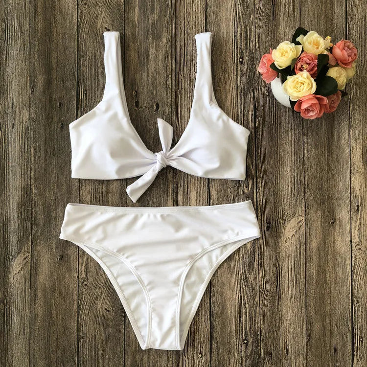 European style women's bikini swimwear set in solid colours with sleeveless design