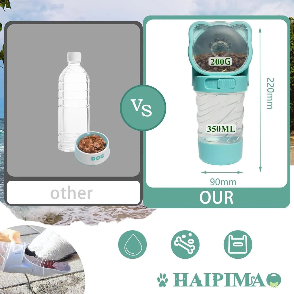 Green 3-in-1 pet water bottle with food container and waste bag dispenser, showing carrying strap.