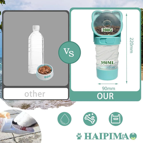 Green 3-in-1 pet water bottle with food container and waste bag dispenser, showing carrying strap.