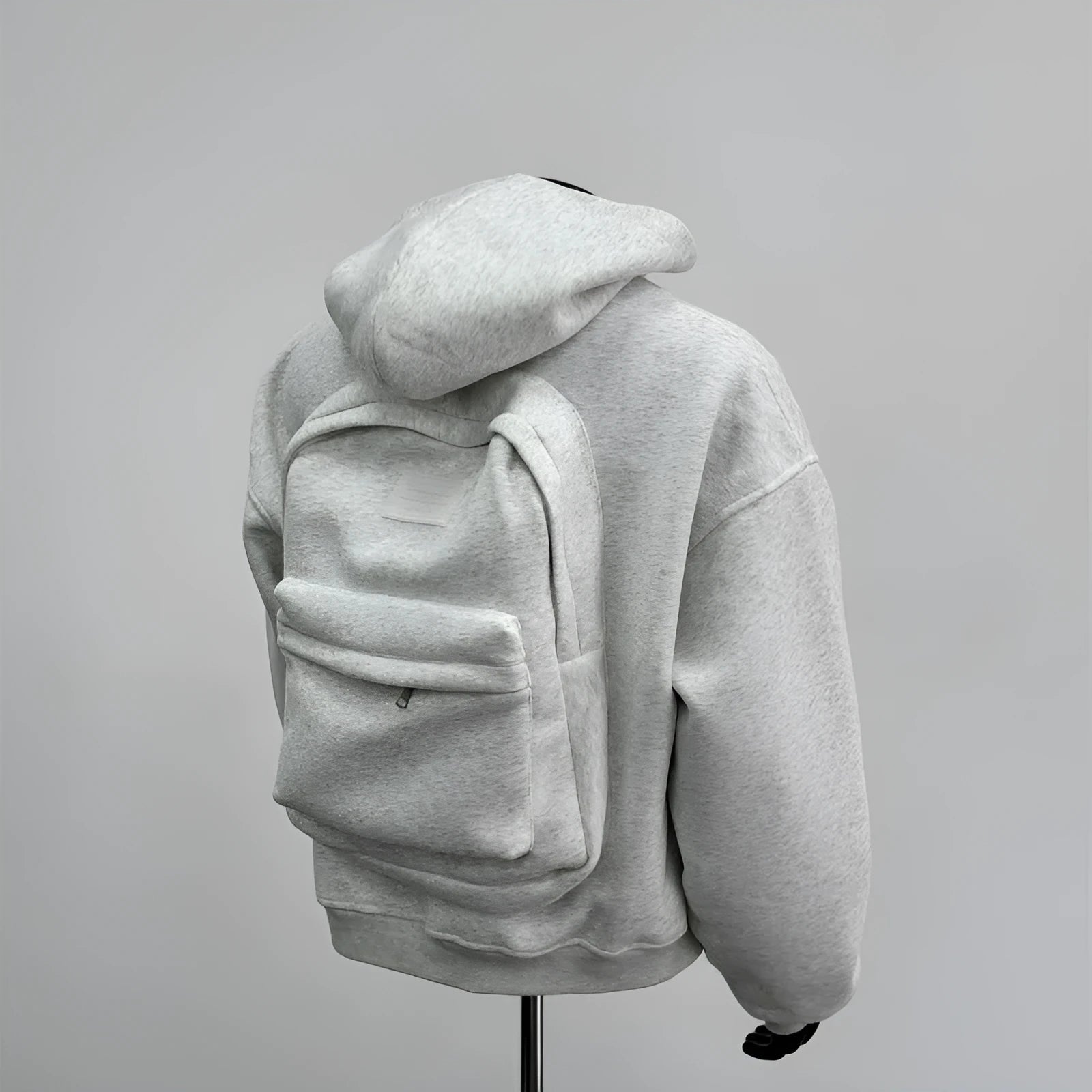 Men's light grey hooded sweatshirt with a schoolbag graphic printed on the back.