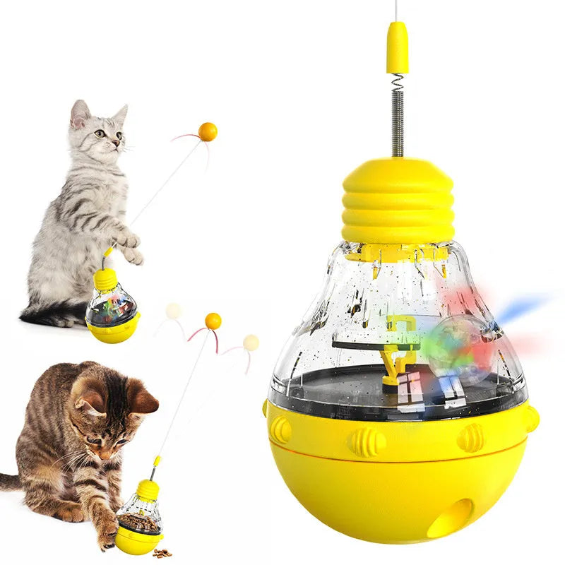 Green rope and electric yellow ball cat wand toy with slow feed dispenser on rocking base