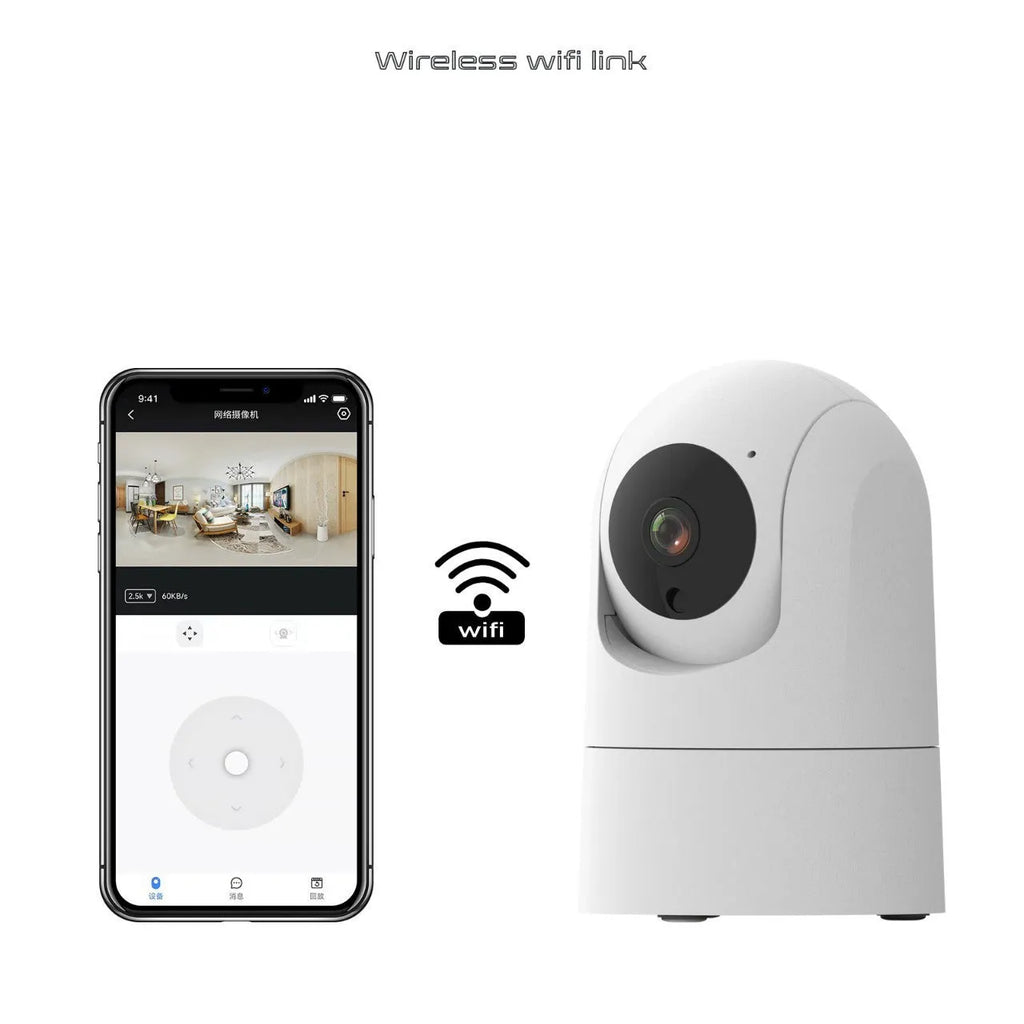 White indoor pan-tilt security camera with wide-angle lens on a desk.
