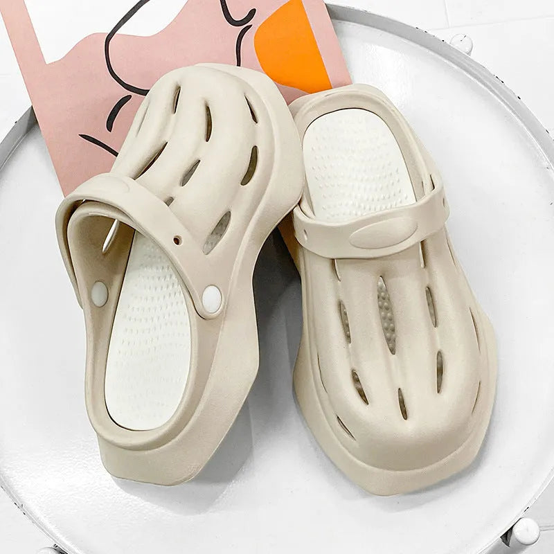 Beige EVA ankle-wrap clogs for garden and beach non-slip summer wear