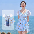 Women's sea salt blue floral print one-piece swimsuit with personalisation option