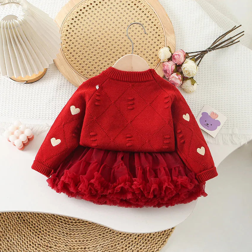 Girl's love embroidered knitted top and skirt set in white top with wine red dress, pullover style