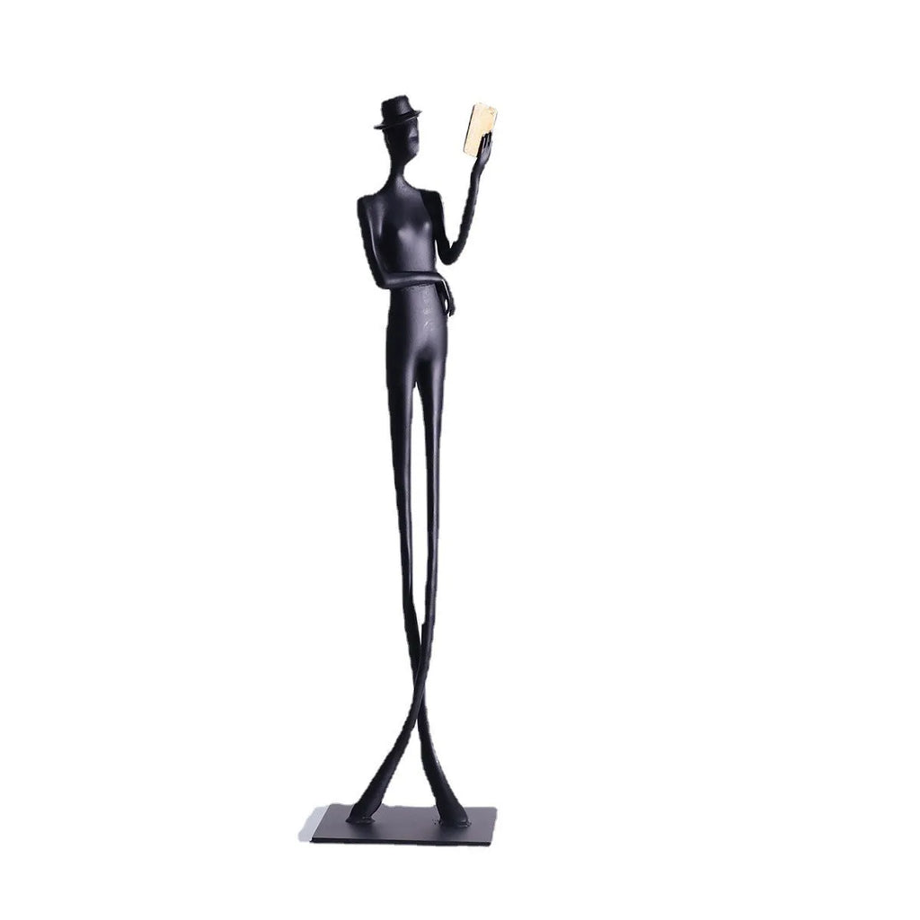 Black metallic reading woman aluminium desktop sculpture 51cm tall modern decor
