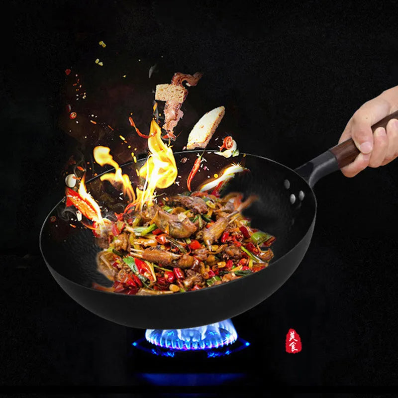 Traditional handmade iron wok with wooden handle and glass lid, 40cm diameter