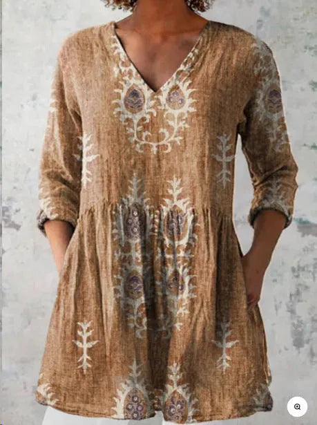 Women's floral wave print dress with wide waist and three-quarter length sleeves on a hanger.