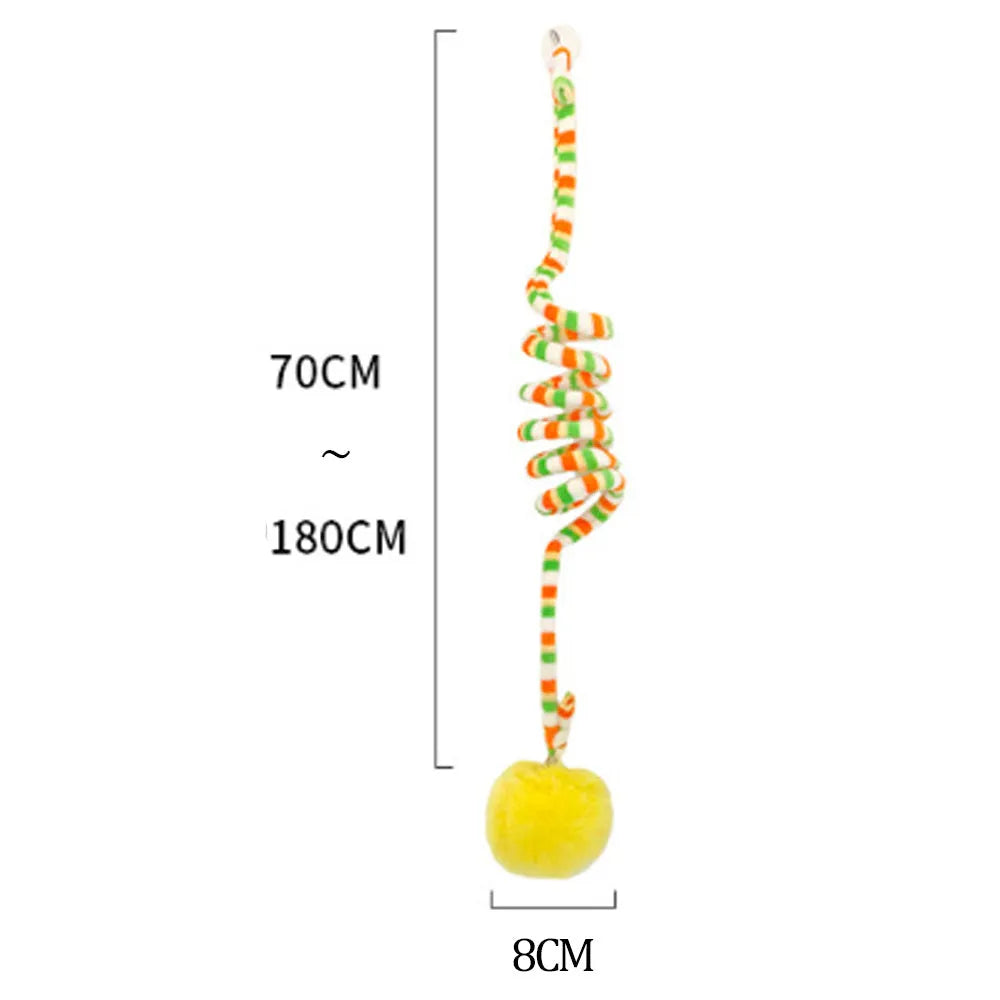 Colourful spring-mounted cat toy with an inflatable ball and bell, shown with a suction cup for hanging.