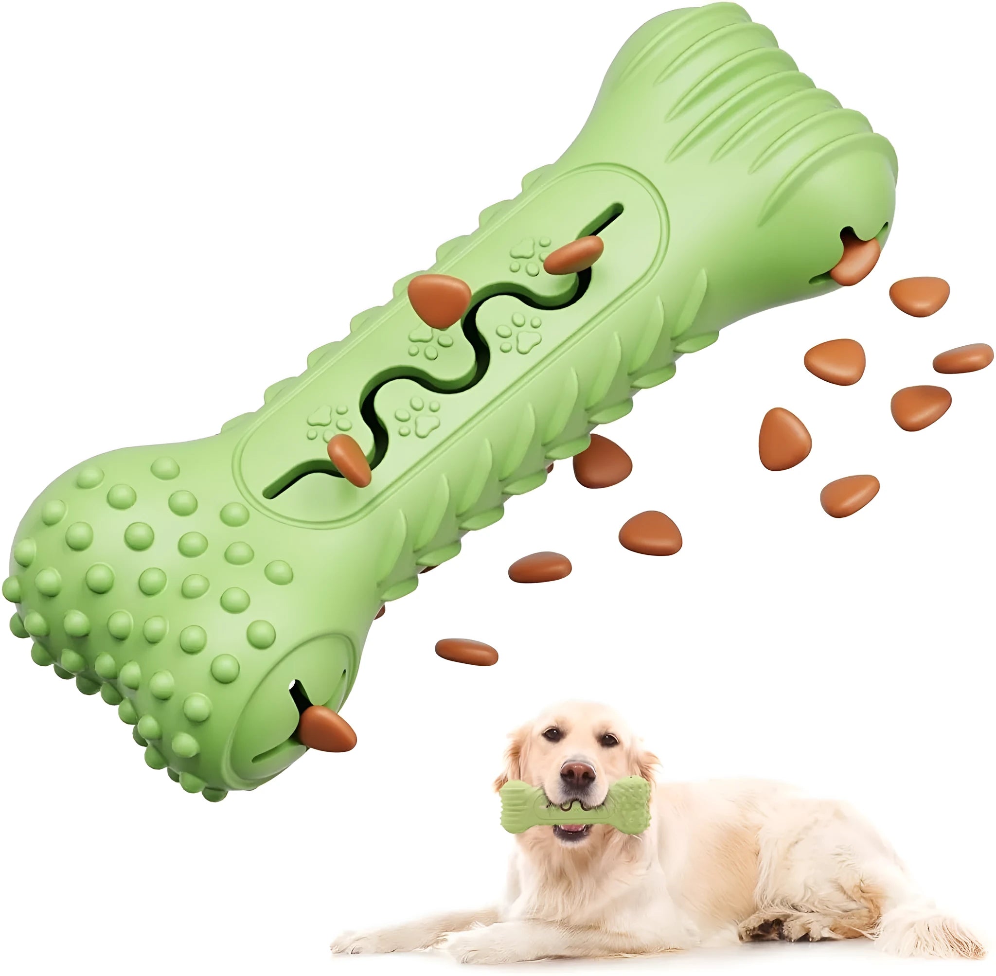 Natural rubber bone-shaped dog chew toy in blue, green, or orange colours with textured surface for teeth cleaning