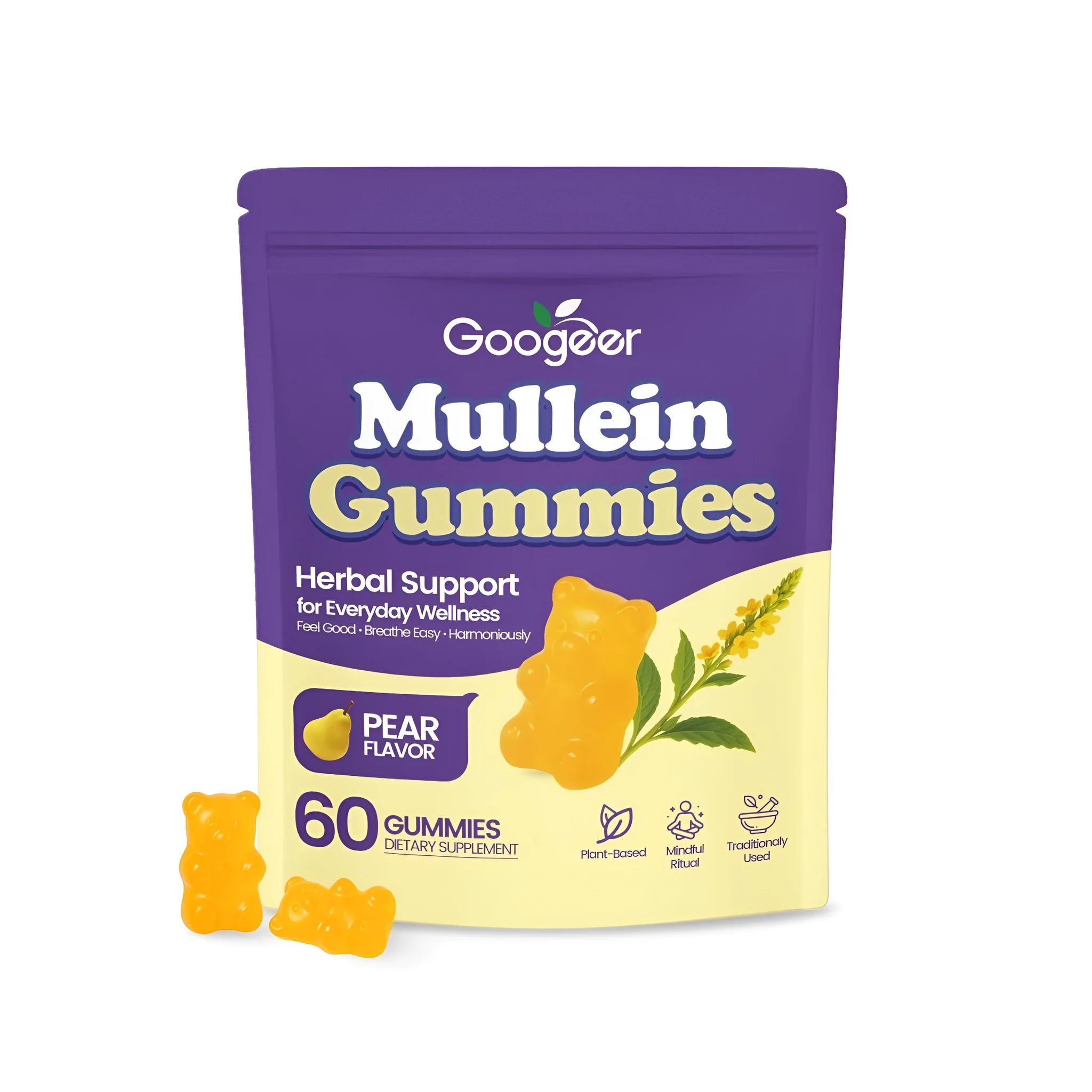 Bottle of 60 mullein leaf extract supplement gummies in soft candy form.