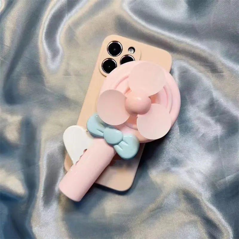 Lollipop hand fan drop-resistant soft TPU phone case in cyan and pink for iPhone models 6 to 15 Pro Max.