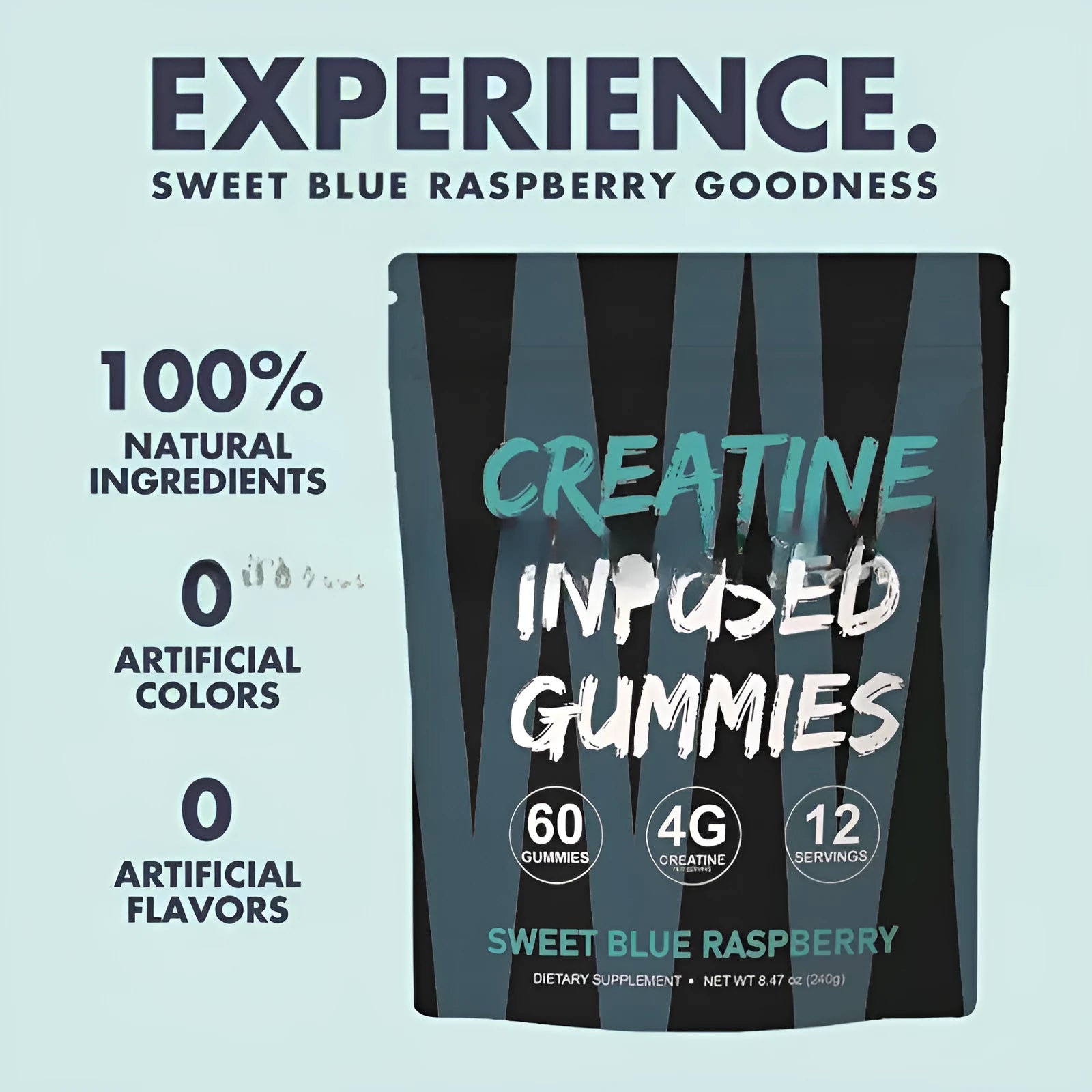 Creatine monohydrate nutritional supplement gummies in a box with 60 pieces, room temperature storage