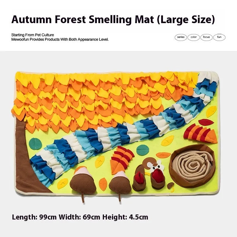 Dog sniffing mat with themed pattern for hiding treats and mental stimulation