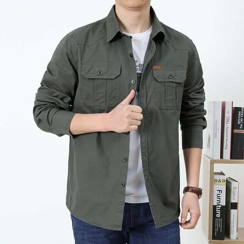 Men's cotton military-style loose fit long-sleeve shirt in army green, available in sizes M to 6XL