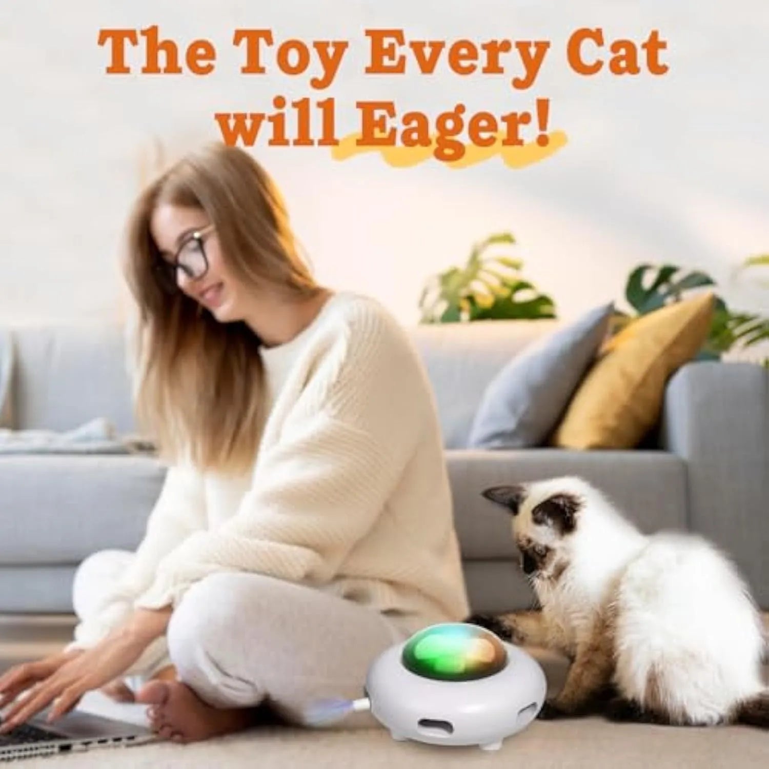 White UFO-shaped automatic cat toy with feathers, LED lights, and a detachable hair-cleaning ring.