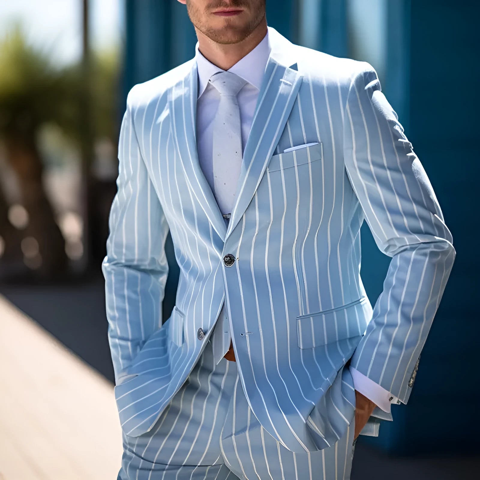 Blue and white button British style men's double button suit jacket with straight hem