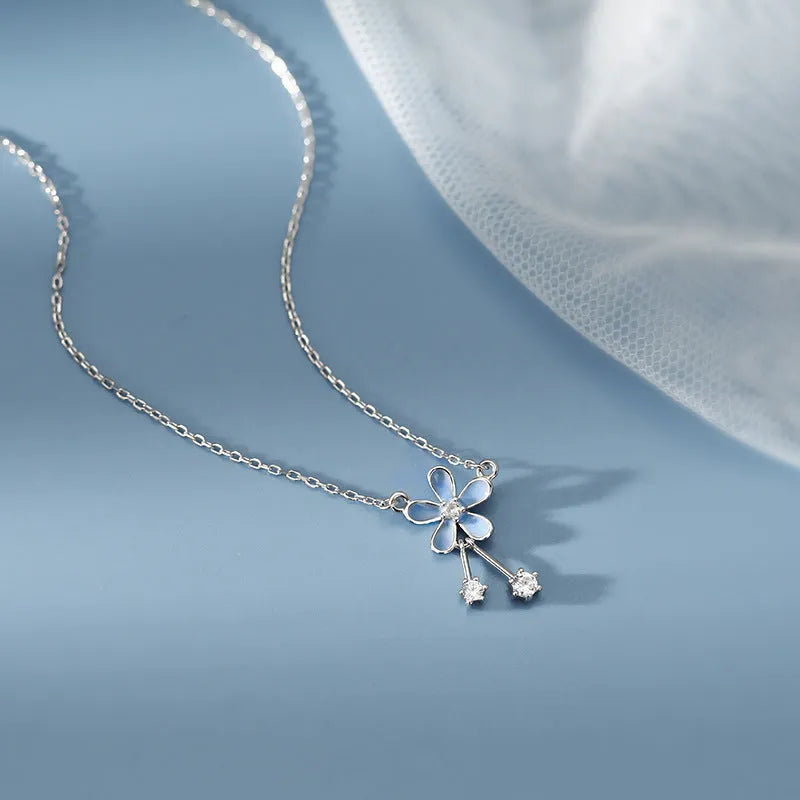 S999 pure silver flower pendant necklace with white nano anti-oxidation finish on cross chain