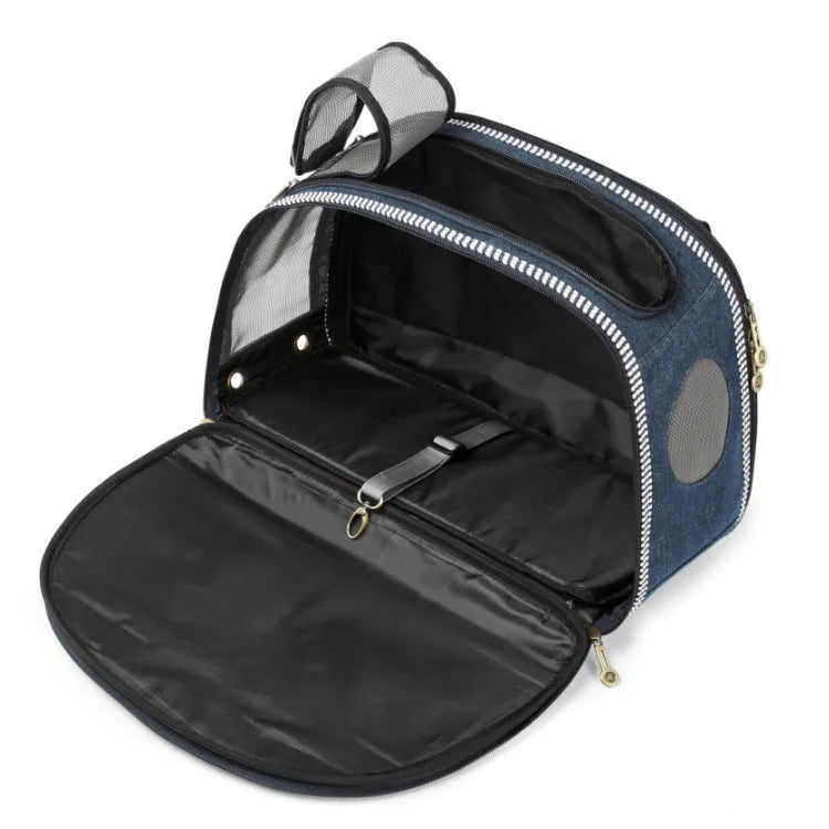 Blue Japanese style denim pet diaper bag with cartoon pattern, 43x20x30cm dimensions