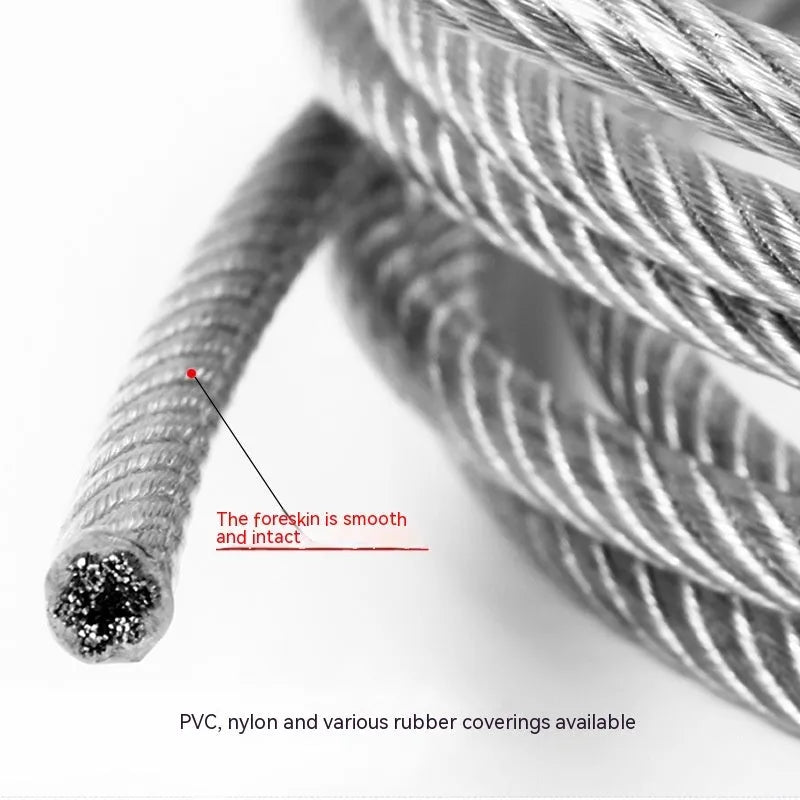 304 stainless steel coated security wire rope on a reel, showing its multi-strand construction and available thickness options.