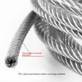 304 stainless steel coated security wire rope on a reel, showing its multi-strand construction and available thickness options.