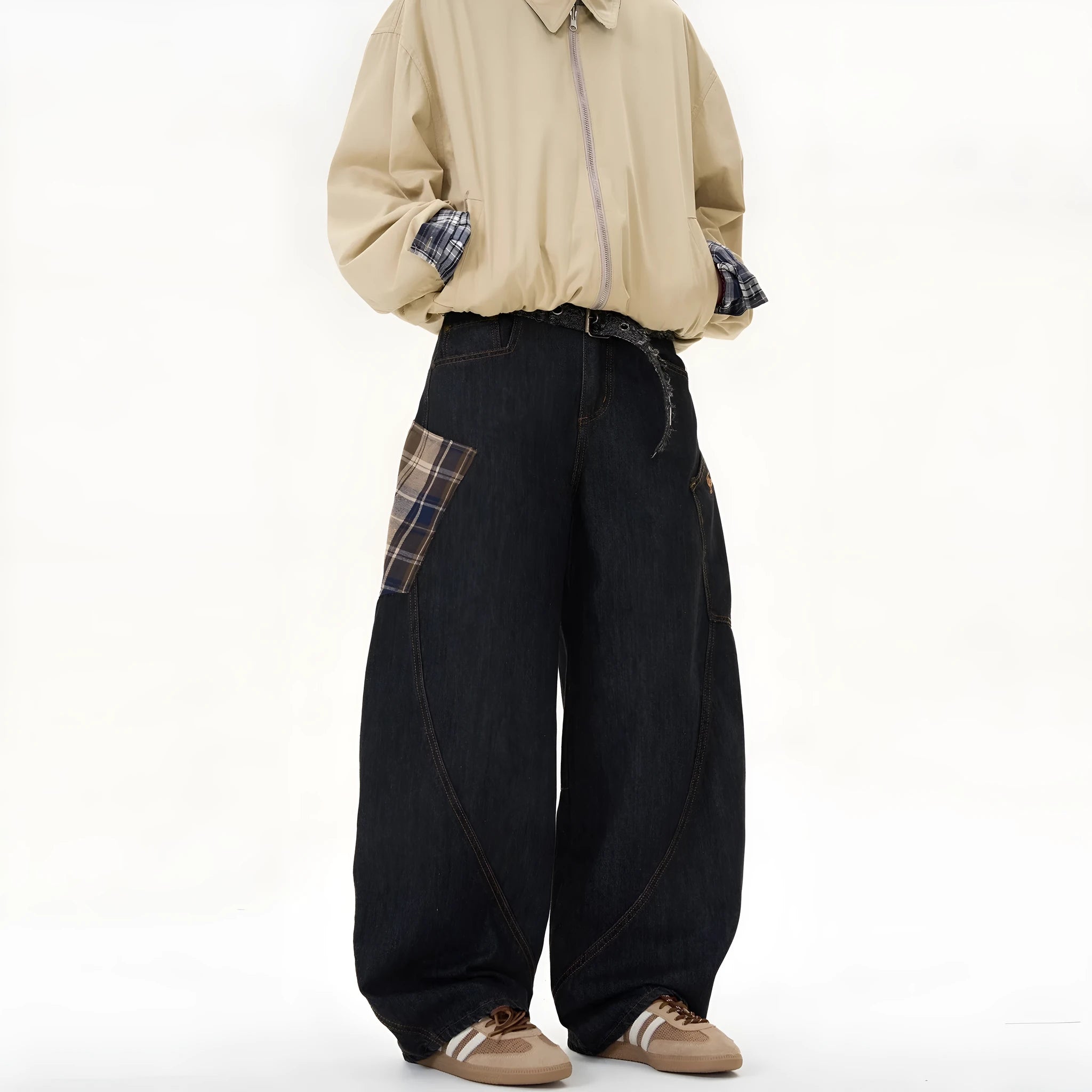 Man wearing loose-fit straight-leg plaid casual trousers in a retro style