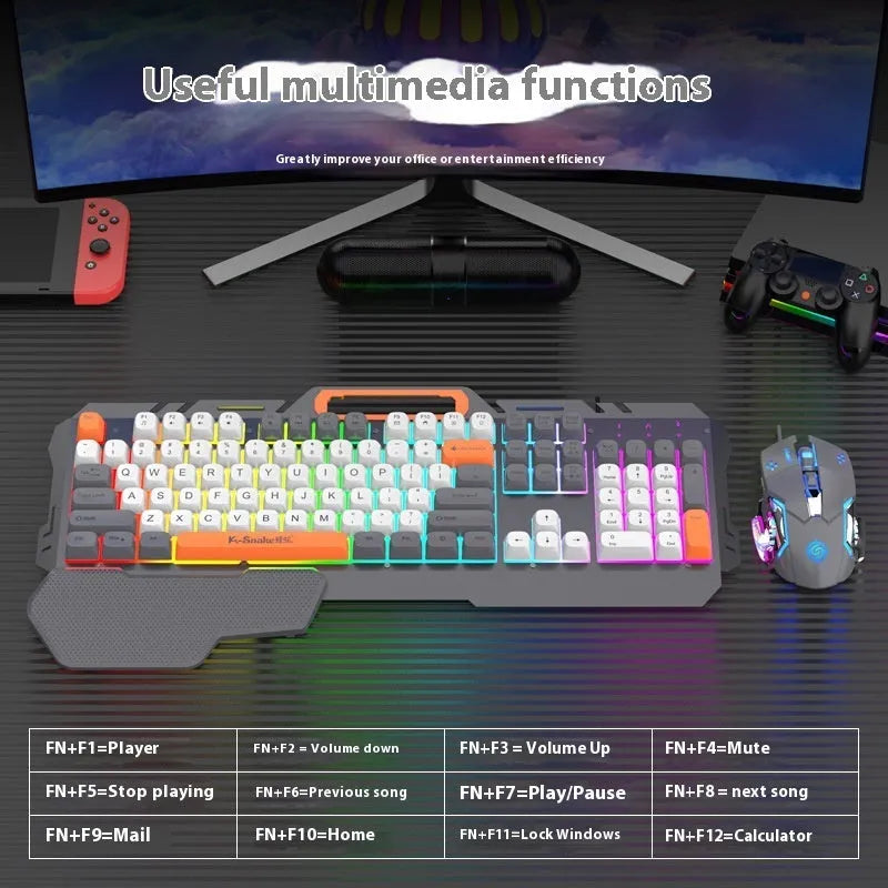 Blue wired gaming keyboard and mouse set with backlit keys on gaming desk