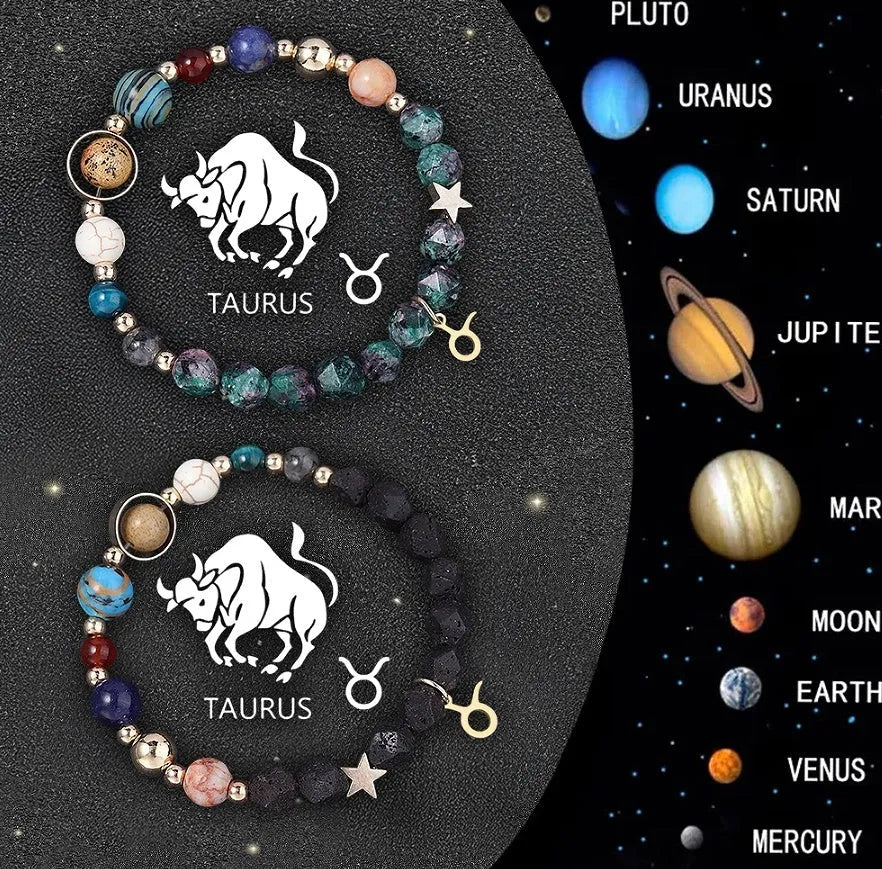 Natural stone beaded bracelet set showing zodiac sign designs on adjustable elastic cord