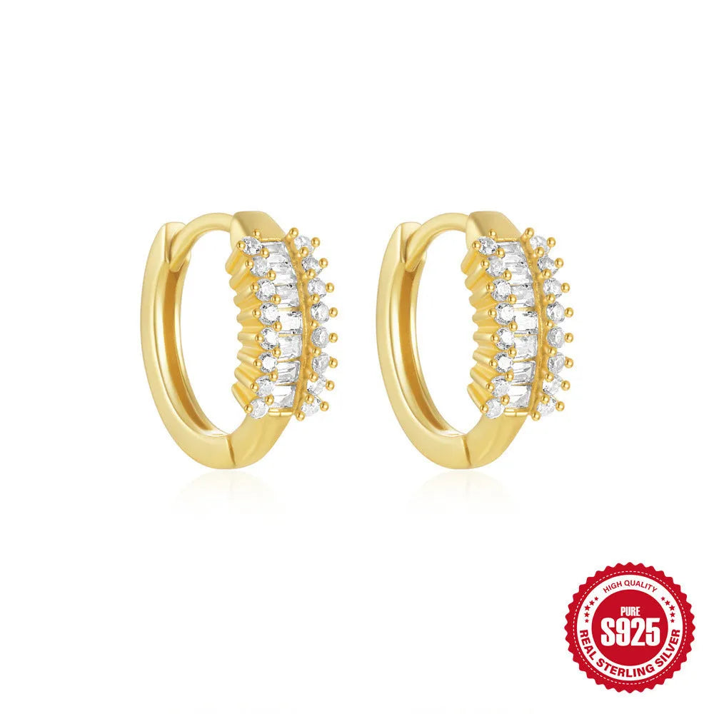 Small round geometric sterling silver stud earrings with diamond accents in gold or silver finish