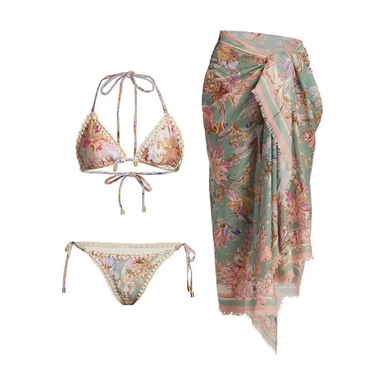 Women's creamy white floral bikini set with halter top, high-waisted briefs and matching skirt
