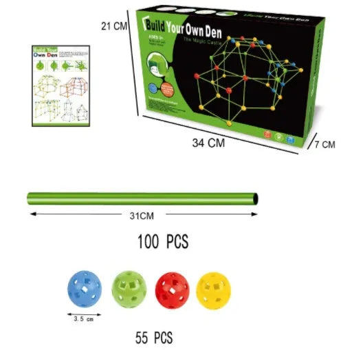 Luminous plastic fort building kit for kids with glowing sticks, balls, and fabric tent