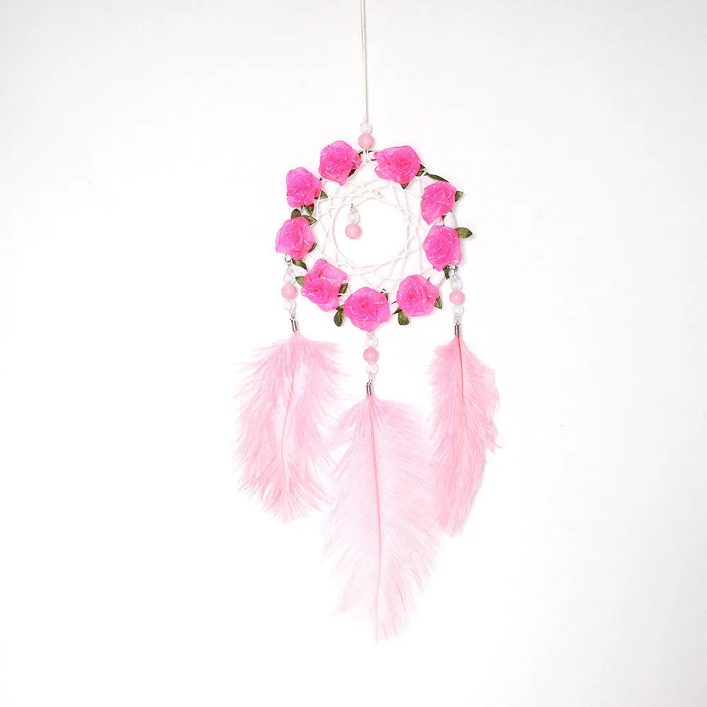 Pink dreamcatcher wind chime wall ornament with ostrich feathers, 10cm diameter