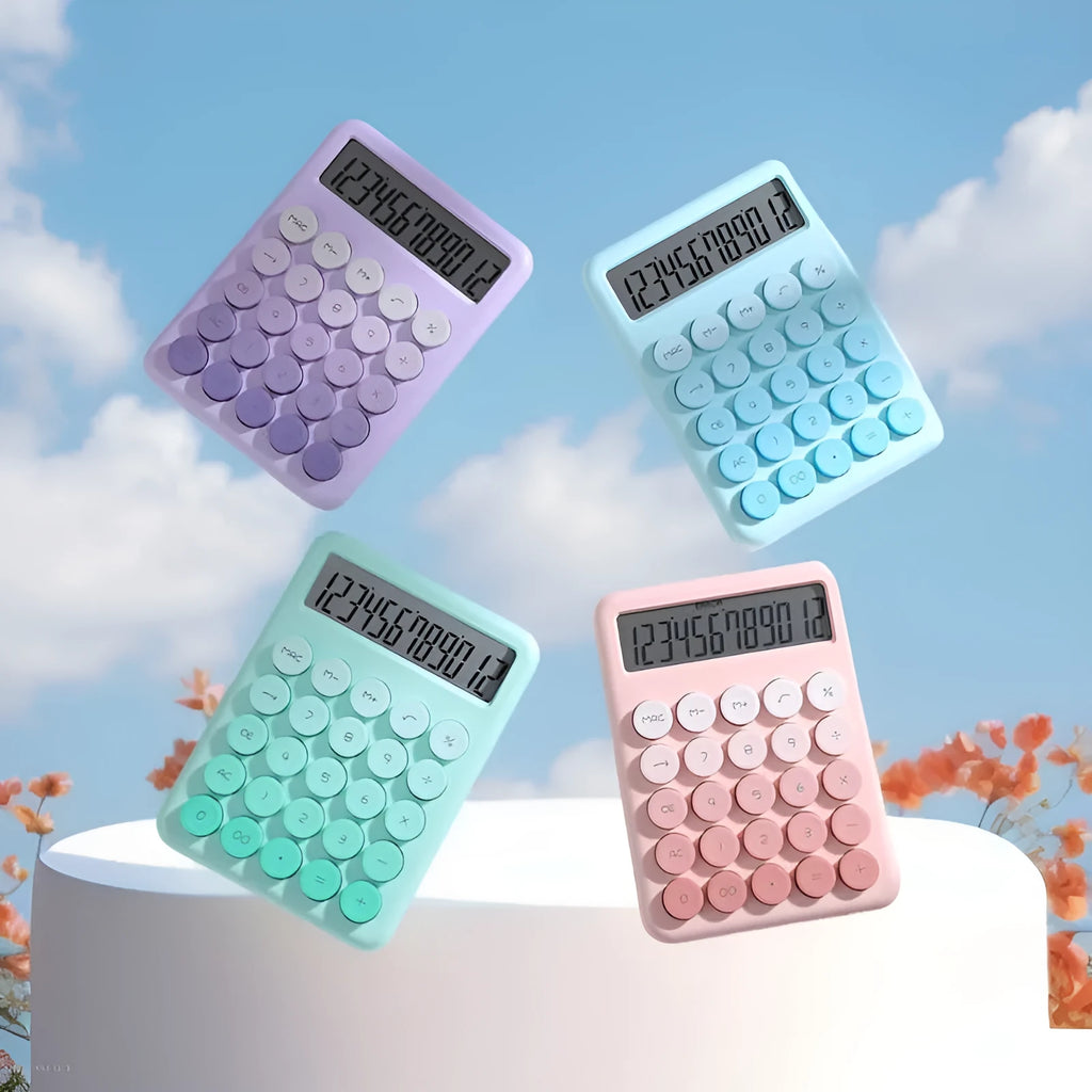 Desk calculator in a choice of violet, cherry blossom powder, glacier blue, and mint green gradient colours.