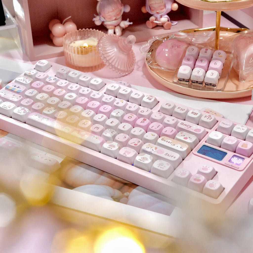 MOA pink plastic keyboard key caps with cartoon graphics on five sides for mechanical keyboards