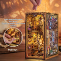 CuteBeediy Green Bamboo Bookstore wooden 3D hand-assembled book stand model with flashing lights on a wooden surface