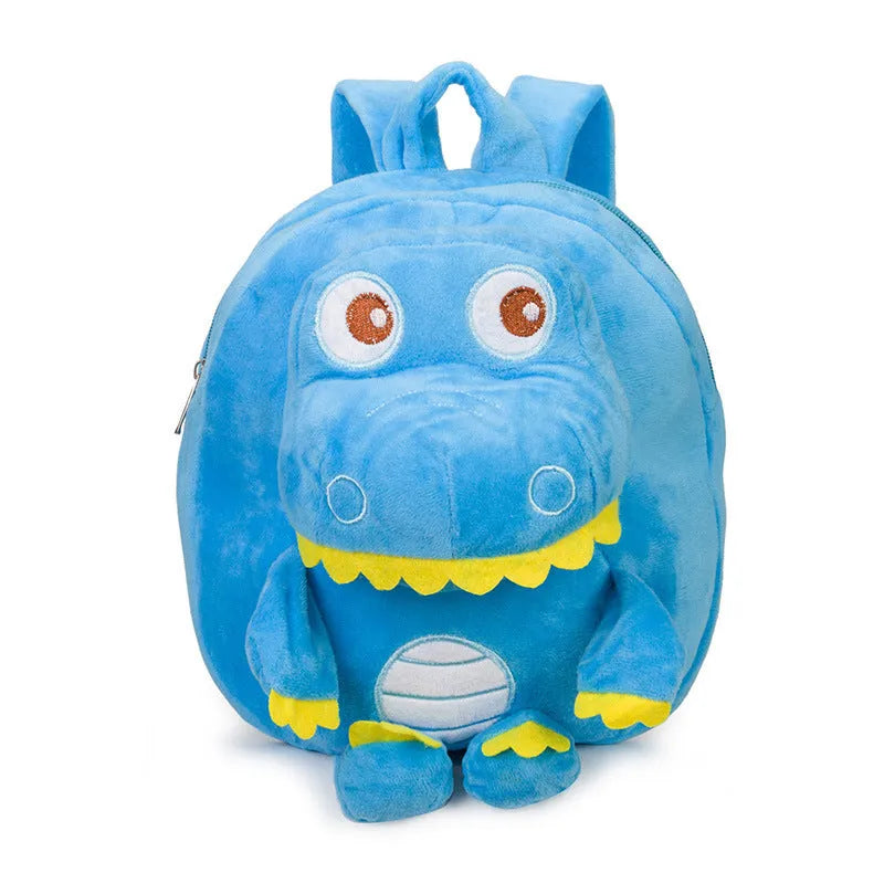 Blue dinosaur plush backpack for children with embroidery pattern and soft handles
