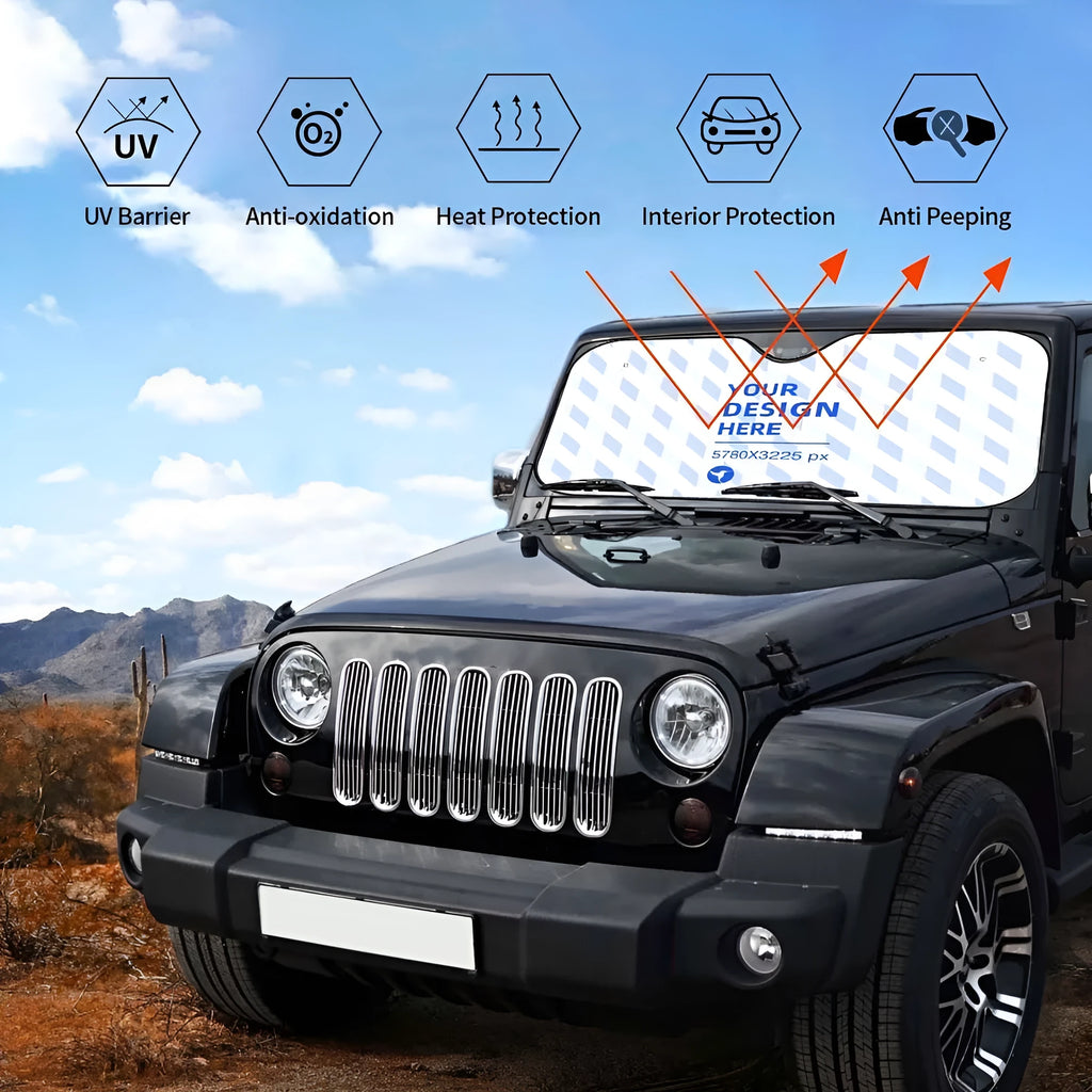 Stiff black heat insulation car windshield sunshade with polyester and bubble aluminium film attached via suction cups