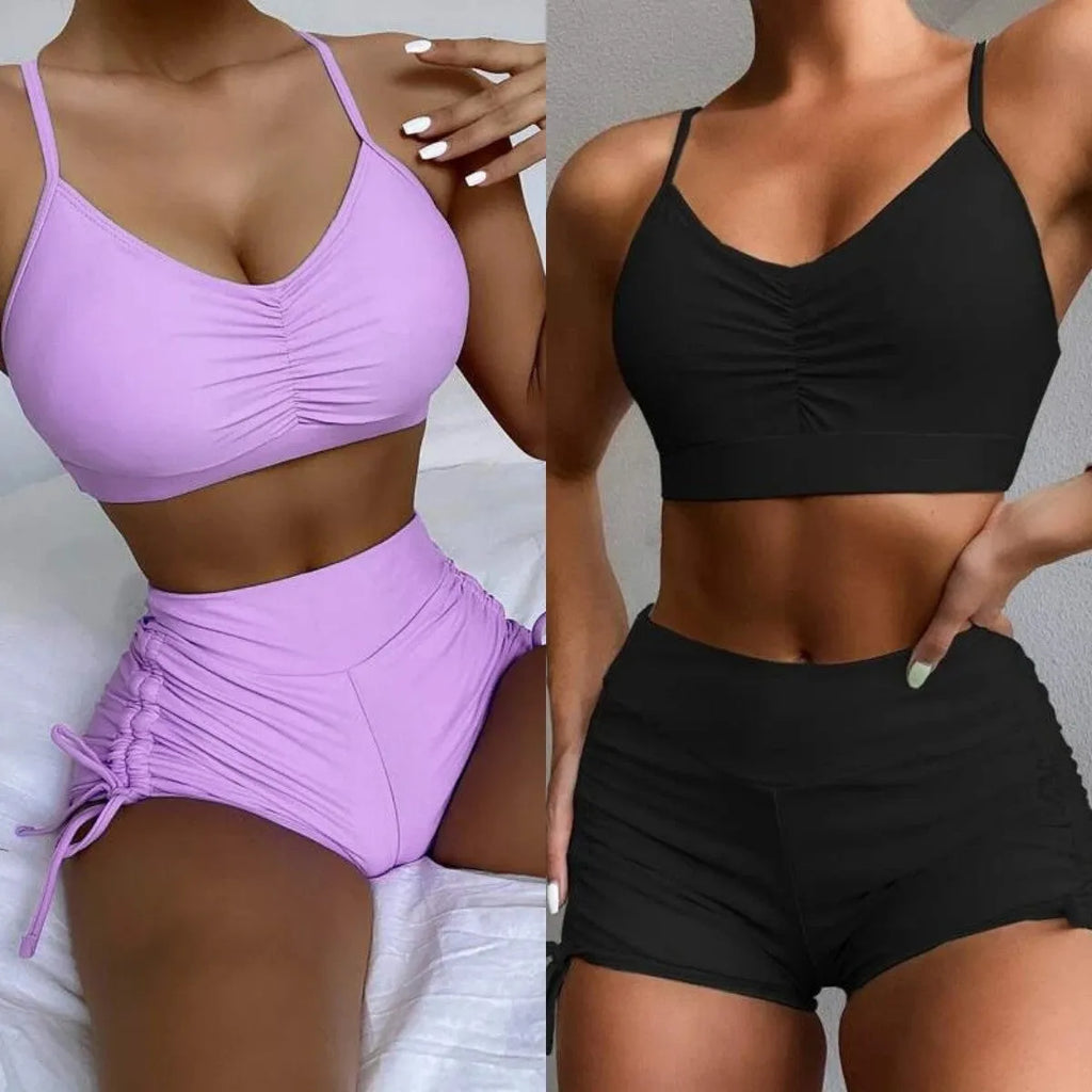 Women's high waist split swimsuit in black or violet with two-piece bikini design for swimming and surfing